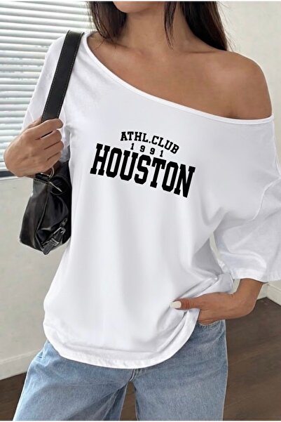 FUFLUNS Houston Printed Oversized Women's Boat Neck T-Shirt