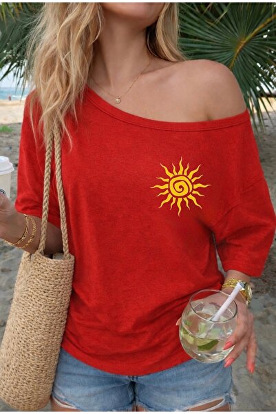 FUFLUNS Tricou supradimensionat pentru femei, cu imprimeu solar și guler bărcuță