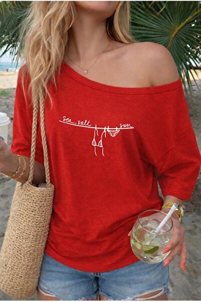 FUFLUNS See Salt Sum Printed Oversized Women's Boat Neck T-Shirt