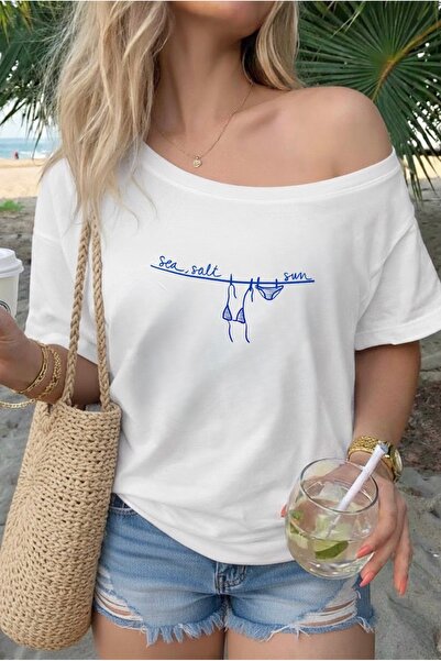 FUFLUNS See Salt Sum Printed Oversized Women's Boat Neck T-Shirt