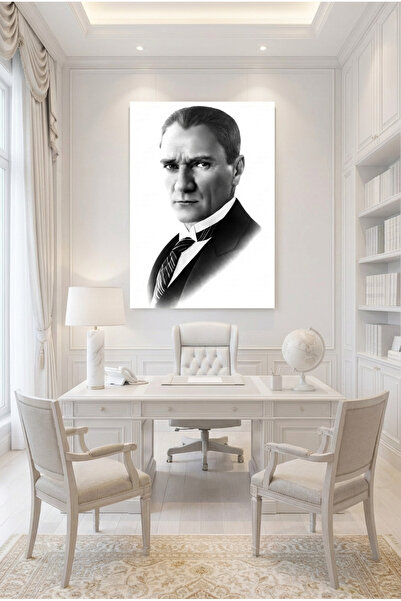 Lona Sanat Siyah Beyaz Atatürk Tablosu Çerçevesiz Duvar Dekoru