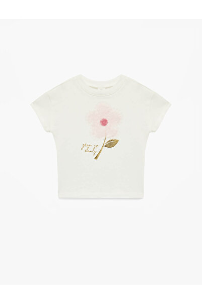 Koton Памучна тениска с къс ръкав, деколте и флорални апликации
