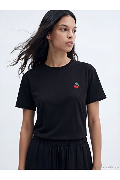 LC Waikiki Cherry Embroidered 100% Cotton Women's T-Shirt