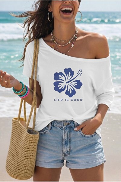FUFLUNS Life Is Good Flower Printed Oversized Women's Boat Neck T-Shirt