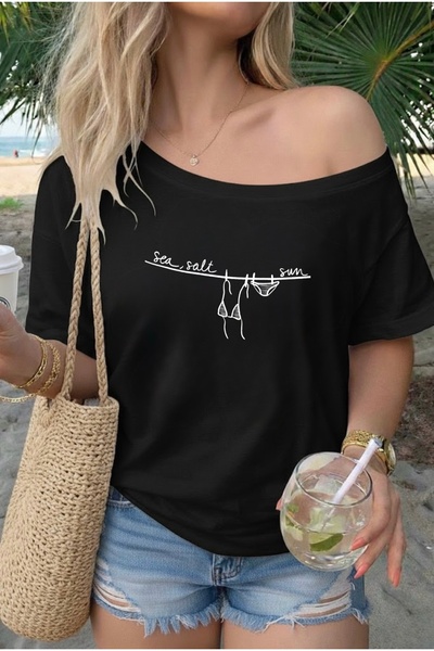 FUFLUNS See Salt Sum Printed Oversized Women's Boat Neck T-Shirt