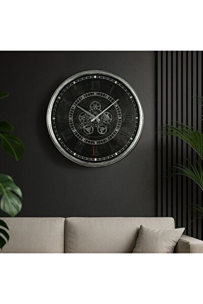 Dekorika Official Tempus Eskitme Gümüş Detaylı Çarklı Siyah Duvar Saati