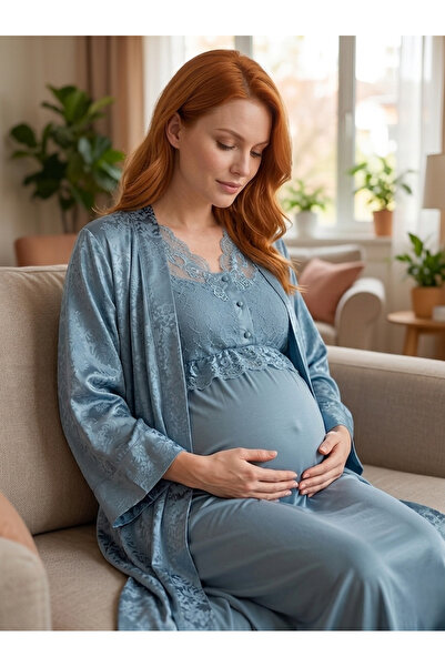 Lohusa Homewear New Season Blue Maternity Summer Jacquard Satin Dressing Gown...