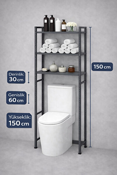 Raffar 3 Raflı Metal Banyo Düzenleyici Metal Banyo Rafı Klozet Üstü 31X60X150...