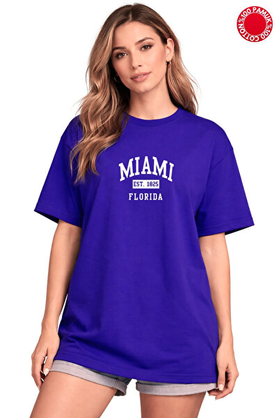 vbs vibes Miami Florida Printed Saks Blue Oversized T-Shirt - 100% Cotton