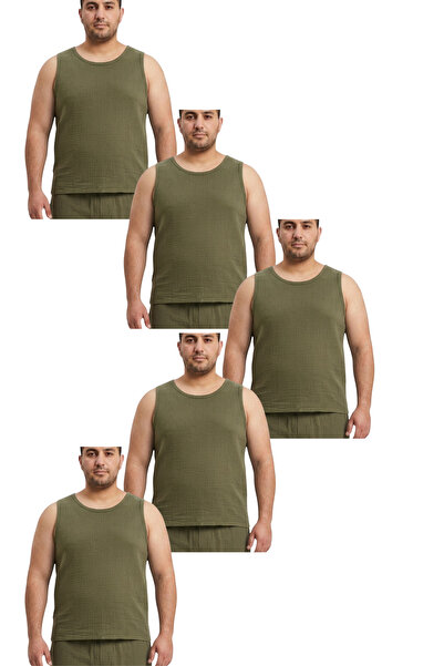 RELAXL 100% Cotton Muslin Fabric Khaki Green Men's Undershirt 5-Pack