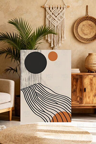 Mgi Design Tablou abstract pe pânză cu dungi ondulate, bej, negru, portocaliu...