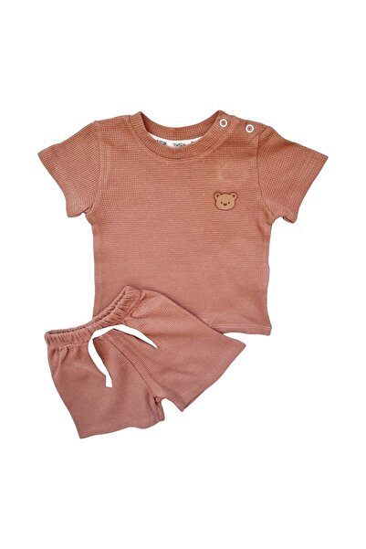 Miniworld Baby Set de vara scurt baieti din bumbac, ursulet, bata elastica, Maro