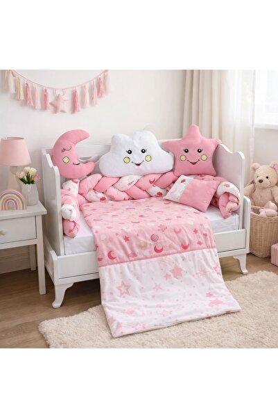 Pure Boutique Ροζ σετ βρεφικής κούνιας πλήρες με πλεκτή προστασία, διακοσμητι...