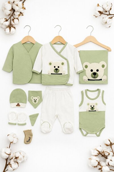 Pure Boutique Baby set 10 pieces green teddy bear bodysuit pants blanket hat ...
