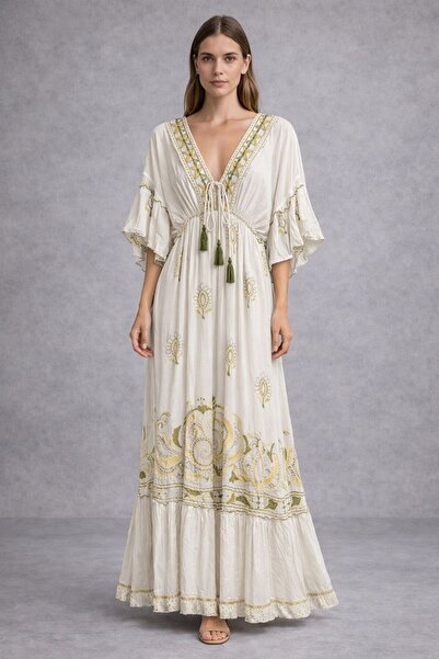 Genenic Bohemian Maxi Dress with Short Sleeves