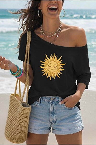 FUFLUNS Tricou supradimensionat pentru femei, cu imprimeu solar și guler bărcuță