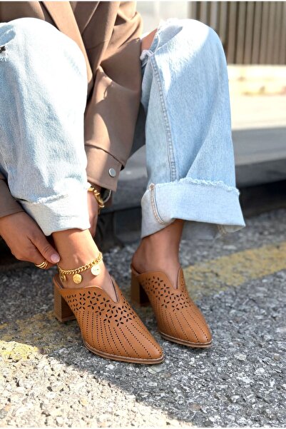 I Love Shoes Noravina Genuine Leather Heeled Slippers Tan