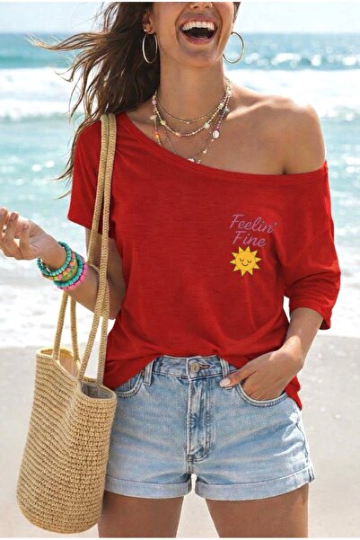 FUFLUNS Γυναικείο μπλουζάκι με στάμπα FEELIN FINE, oversized, με λαιμόκοψη κα...