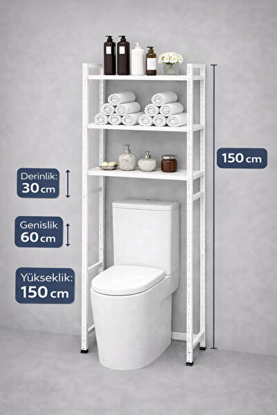 Raffar 3 Raflı Metal Banyo Düzenleyici Metal Banyo Rafı Klozet Üstü 31X60X150...