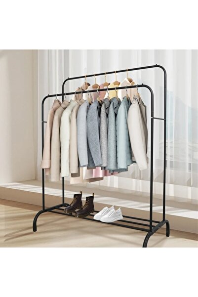 FOXMAG24 Double clothes rack with shoe shelf, 110×54.5×150 cm, metal, black