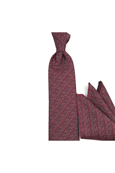 Sade Kravat Burgundy Navy Blue Beige Melange Striped Tie with Handkerchief 33...