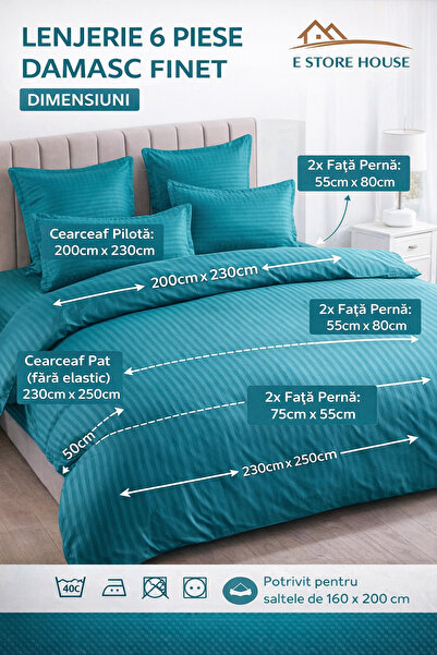 6-Piece Damask Bedding Set with Elastic, Casa Pucioasa, Fine Damask, Luxury Hotel, 4 Pillows miniatura 4