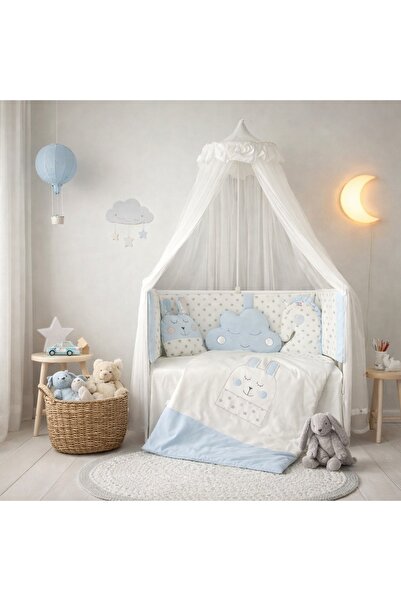 Pure Boutique Set patut bebe albastru 7 piese protectie laterala perne decora...