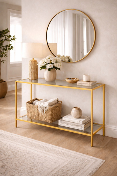 Trendmiz Metal Profilli Cam Dresuar – 2 Raflı Modern Antre Sehpası | Siyah Çe...