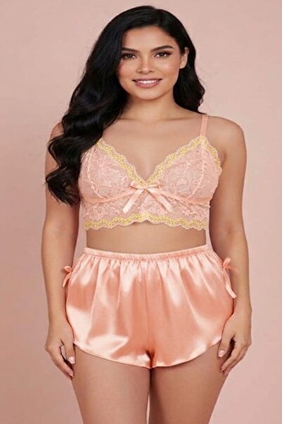 NOOALA GİYİM Women's Satin Shorts and Lace Bustier Set - Night Set