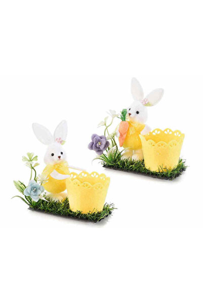 Decorer Set of 2 Bunny Figurines with Yellow Textile Pot 11x6x12 cm