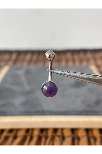 Rupen Kraft %100 Cerrahi Çelik Doğal Ametis Taşlı Çelik Göbek Piercingi