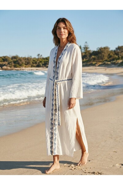 CESSTORE Ces Store Handmade Embroidered Linen Kaftan, 60% Linen 40% Cotton, B...