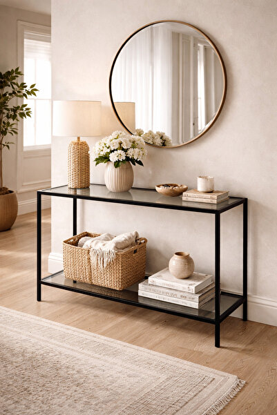 Trendmiz Metal Profilli Cam Dresuar – 2 Raflı Modern Antre Sehpası | Siyah Çe...