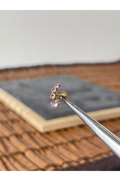 Rupen Kraft %100 Cerrahi Çelik Dörtlü Mor Taş Altın Tragus Helix Conch Piercing
