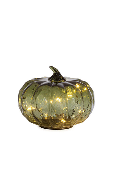 Bizzotto Dovleac decorativ din sticlă verde cu LED Ø15x12h