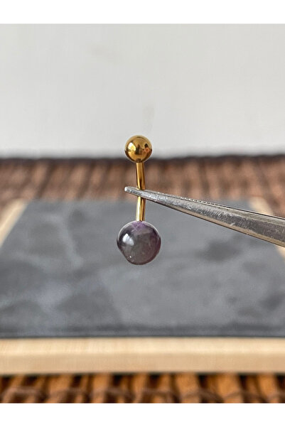Rupen Kraft %100 Cerrahi Çelik Doğal Ametis Taşlı Çelik Göbek Piercingi Altın