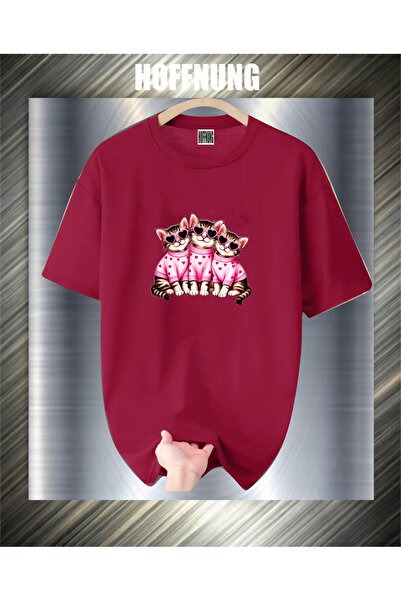 HOFFNUNG Unisex Short Sleeve Round Neck 3Cats Glasses Printed Solid Color Tshirt