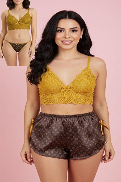 NOOALA GİYİM Women's Satin Shorts and Lace Bustier Set - Night Set