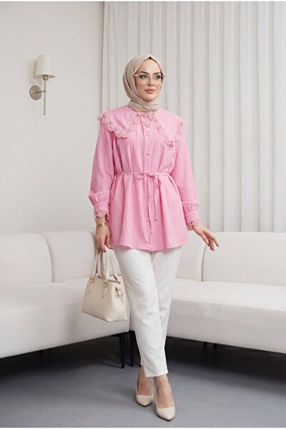 COjans Baby Collar Scalloped Waist Tie Modal Tunic -Pink