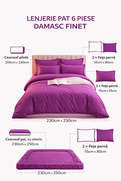 6-Piece Damask Bedding Set with Elastic, Casa Pucioasa, Fine Damask, Luxury Hotel, 4 Pillows miniatura 4
