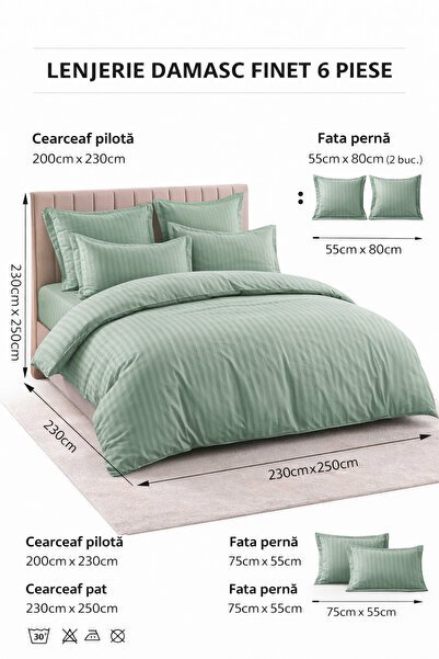 6-Piece Damask Bedding Set with Elastic, Casa Pucioasa, Fine Damask, Luxury Hotel, 4 Pillows miniatura 4