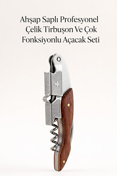 Wolawood Ahşap Saplı Profesyonel Çelik Tirbuşon Açacak Premium Çok Fonksiyonl...