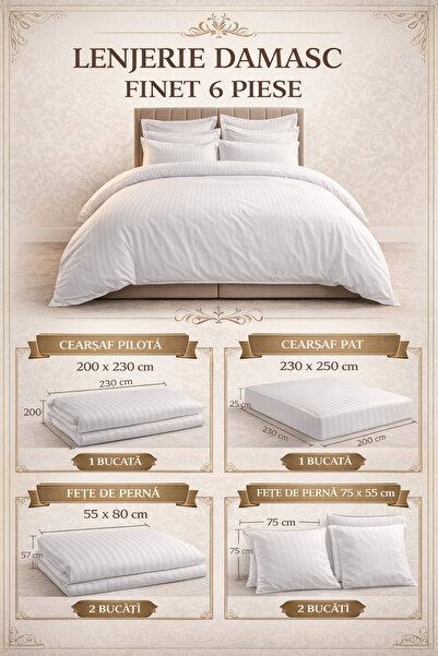 6-Piece Damask Bedding Set with Elastic, Casa Pucioasa, Fine Damask, Luxury Hotel, 4 Pillows miniatura 4