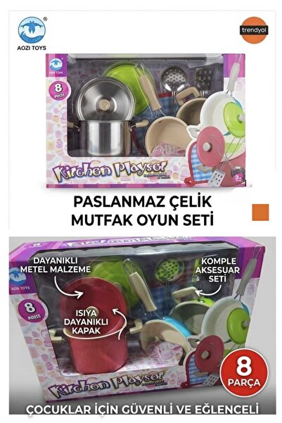 8 Parça Emaye Metal Tencere Tava Renkli Oyuncak Mutfak Seti