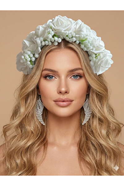 Bukiro Tasarım Çiçekli Taç Gelin Taç Bride Taç Festival tacı Beyaz Gül taç