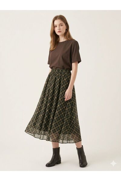 axy Haki Ekose Desenli Tül Detaylı Midi Boy Etek