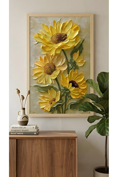 DEKORASOR 3D Dokulu Ayçiçeği Tasarımlı Çerçeveli Tablo - %100 Doğal Çam Ağacı...