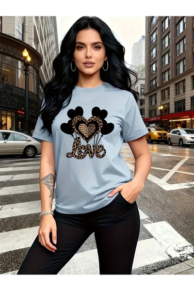 GALASHOP تي شيرت مطبوع عليه قلب أسود وذهبي للنساء، مطبوع عليه نقشة الفهد بالل...