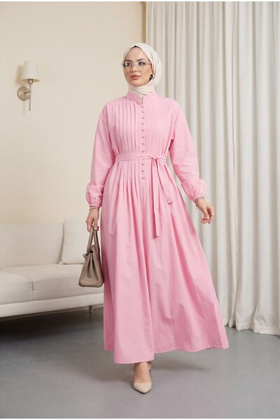 Modamorfo Ребриста рокля от поплин с предно полу-копчаване - розова