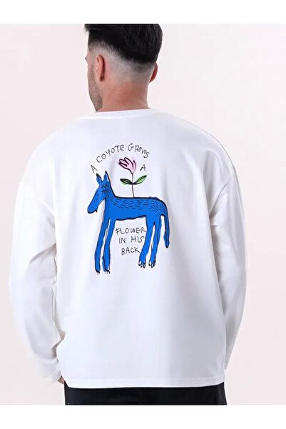 ELNOYA Unisex White Back Printed Wolf Flower Patterned Sweatshirt